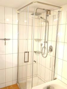 a shower with a glass enclosure in a bathroom at Welcome to Munich by Martina in Munich +29 photos
