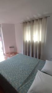 a bedroom with a bed with a blue comforter at petit esperantza in Saint-Pée-sur-Nivelle +5 photos