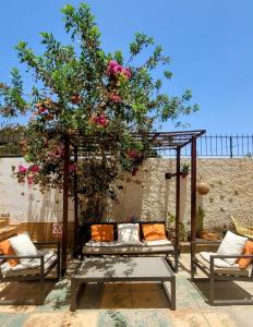 un pergolato con un divano sotto un albero con fiori di Eden GuestHouse a Sardina Altre 37 foto