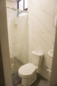 ein weißes Badezimmer mit Toilette und Dusche in der Unterkunft Hotel Gama Cartagena in Cartagena de Indias