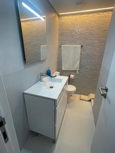 a bathroom with a white sink and a toilet at Portu Sereno Apartments in Setúbal