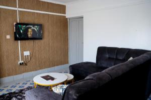 a living room with a couch and a table and a tv at Kristina Homes 1&2 Bedroom Apartment in Voi