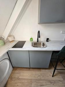 a kitchen counter with a sink and a toilet at Chambre privée à 50 m de la plage- Parking privé, salle de bain et cuisine commune in Le Portel
