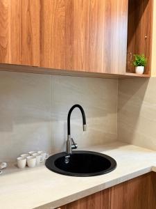 a black sink in a kitchen with wooden cabinets at DendroBak GuestHouse in Stepʼanavan