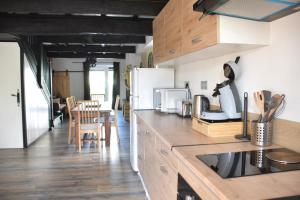a kitchen with wooden cabinets and a counter top at Gite la Tann'yére in Tannay