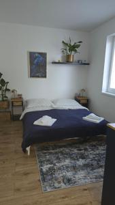 a bedroom with a bed with a blue blanket and a rug at Lexa Apartment in Sklenárovo