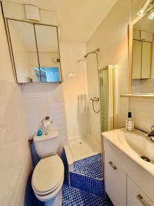 a bathroom with a toilet and a shower and a sink at La Lagune in Le Grau-du-Roi