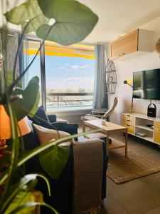 a living room with a couch and a large window at La Lagune in Le Grau-du-Roi