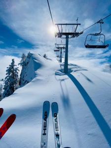 a pair of skis in the snow next to a ski lift at Byt na svahu Sonnenalpe Nassfeld in Hermagor
