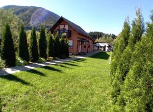 une maison avec une cour herbeuse à côté d'un bâtiment dans l'établissement Căsuța Piatra Craiului, à Zărneşti