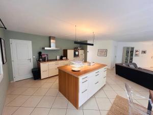 una grande cucina con bancone al centro di La Villa du vignoble Piscine a Hermonville