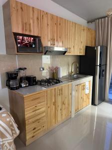cocina con armarios de madera, fogones y nevera en Golden House, en San Miguel