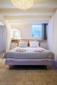 圣保罗-德旺斯Apt Cezanne的一间卧室配有一张带吊灯的大床