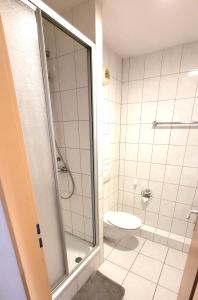 une salle de bain blanche avec douche et toilettes dans l'établissement City Appartements Mainz, à Mayence