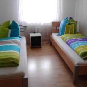Un dormitorio con dos camas y una ventana. en Ferienwohnung Dieterle, en Wutöschingen