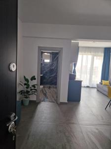 a living room with a fireplace and a couch at TURCOAZ Studio in Costinesti