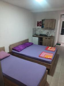 two beds in a small room with a kitchen at Hris-An in Star Dojran