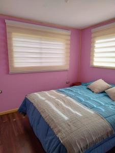 a bedroom with purple walls and a bed and two windows at Canto del Bosque in Castro