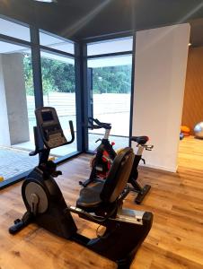 a gym with two exercise bikes in a room at Hermoso Departamento en alquiler, Edificio Agora I, Villa Rosa in La Lonja