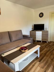 a living room with a couch and a tv at Durmitor Stay in Žabljak