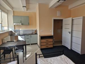 a kitchen with a table and chairs in a room at Hostel Park Dobra in Szczecińska