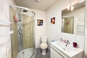 a bathroom with a shower and a toilet and a sink at Le Ferdinand I - Cosy & Central in Roanne +1 photo