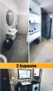 two pictures of a bathroom with a sink and a mirror at Apartment with pool, accessible for people with disabilities, near Zadar in Bibinje +17 photos