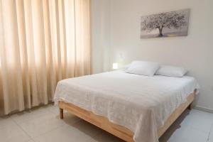 a bedroom with a bed with white sheets and a tree at edificio Alba in Cartagena de Indias