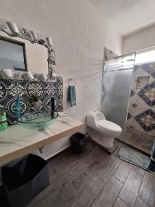 a bathroom with a shower and a sink and a toilet at LA CASA DE LOS AZULEJOS MAR Y SELVA in Puerto Morelos
