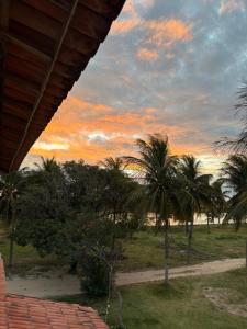 a sunset over a field with palm trees at Chalé sítio Cumbe in Aracati