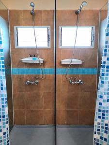 a bathroom with a shower with brown tiles at Casa Oroño in Rosario