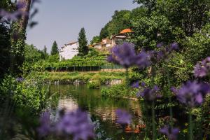 アジャリスにあるCabañas de Allariz - Cabaña 5の前景に紫色の花が咲く川