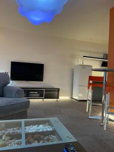 a living room with a couch and a tv at Apartament Baszta 7 Płaszczy, Panieńska in Szczecin