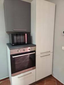 a kitchen with a stove and a microwave at Cà Fiamma 3 in Casale Monferrato