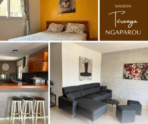 a living room and a bedroom with a couch and a kitchen at Maison Téranga Ngaparou in Ngaparou