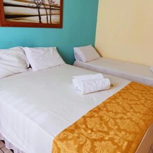 two twin beds in a room with blue walls at Hotel Akroama in Corumbaíba +4 photos