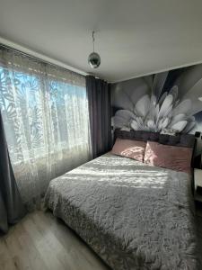 a bedroom with a bed and a large window at Oxy appart in Ventspils