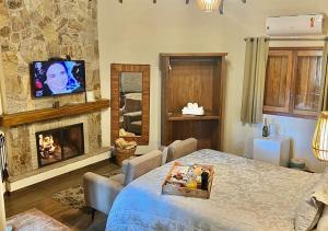a living room with a bed and a fireplace at Chalés Montanha Serrana - Monte Verde in Monte Verde