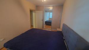 a bedroom with a blue bed and a mirror at Apartman Dona in Jagodina