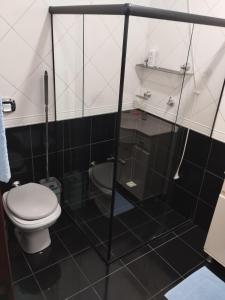 Un baño con inodoro y ducha de cristal. en Apartamento aconchegante!, en Cachoeiro de Itapemirim