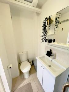 a white bathroom with a toilet and a sink at Bright studio in Excellent location in London