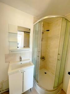 a bathroom with a shower and a sink at Bright studio in Excellent location in London