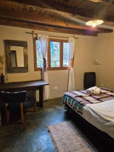 ein Schlafzimmer mit einem Bett, einem Schreibtisch und Fenstern in der Unterkunft Shelter Patagonia Hostal in El Bolsón
