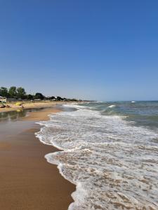 a sandy beach with waves coming in from the ocean at Domik u morya in Gribovka