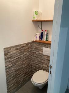 a bathroom with a toilet and a brick wall at Bright house with garden in Saint-Sébastien-sur-Loire