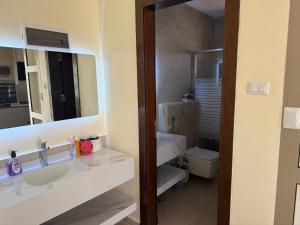 a bathroom with a sink and a toilet and a mirror at Giving Vibes Chalet in Amman +15 photos