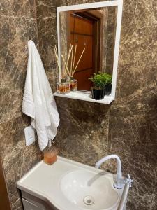 une salle de bain avec un lavabo et un miroir dans l'établissement Casa Privativa com Quarto Confortável e Cozinha Ótima Localização em Foz do Iguaçu, à Foz do Iguaçu