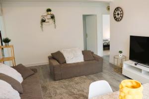a living room with a couch and a tv at Les Erables Appart - 3 chambres - Spacieux et moderne avec balcon, parking et wifi in Saint-Jean-de-la-Ruelle