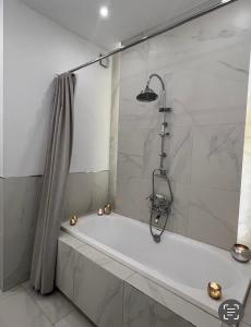 a bathroom with a tub and a shower at APARTAMENT PARYSKI, Centrum Słupsk in Słupsk