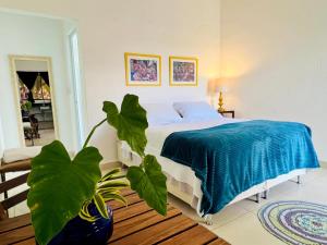 a bedroom with a bed with a blue blanket and a plant at Tatu Do Bem Hospedagem in Serra